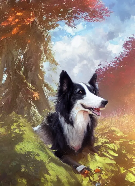 Prompt: beautiful portrait of a cute male anthropomorphic border collie fursona wearing a suit in a sunny glade. by charlie bowater, henry asencio, jon foster, and ross tran. scenic background, detailed, concept art, furry, detailed hands, glamor pose, aesthetic, trending on artstation, top rated on furaffinity and deviantart