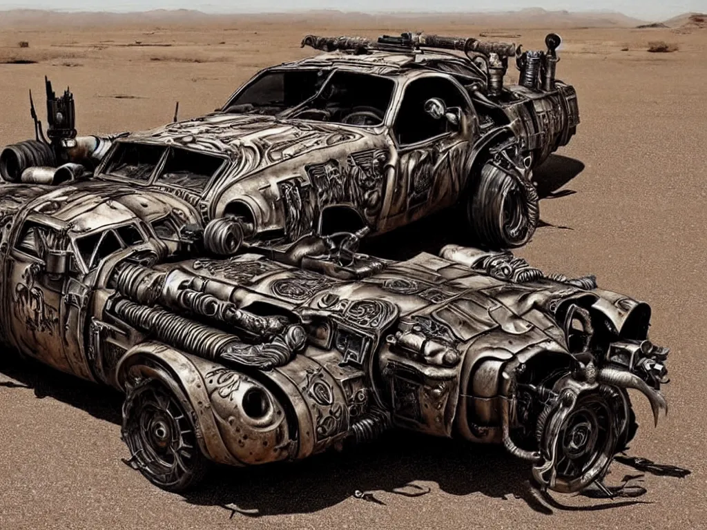 Image similar to a mad max style car designed by joe fenton painted by rhads, lots of weapons, customised military steampunk