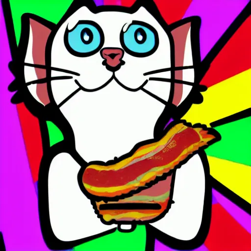 Image similar to A sticker with a cat eating a bacon.Cartoon.digital art.high quality.high accuracy.colorful.beautiful