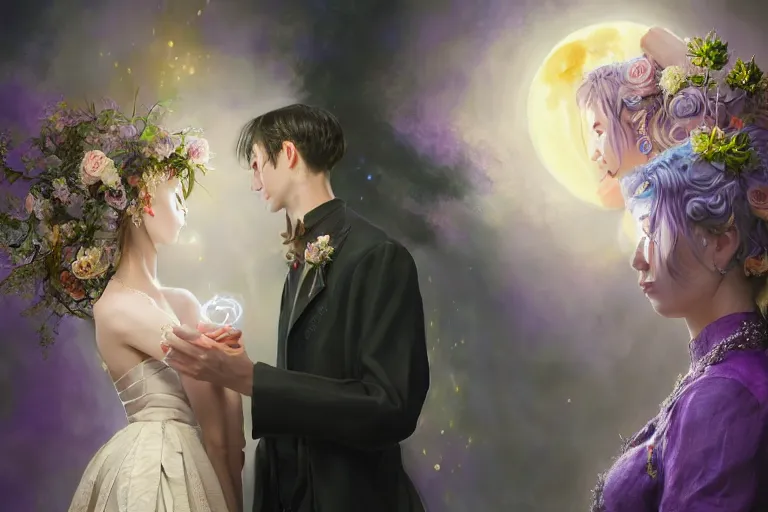 Image similar to a dreamlike cinematic portrait of wedding photograph close up moment of a divine a russia sun god and moon goddess lovers magician at a wedding banquet. portraiture. digital painting. artstation. concept art. fantasy wedding photo. digital painting, 8 k realistic, hyper detailed, violet evergarden art masterpiece by art by krenz cushart