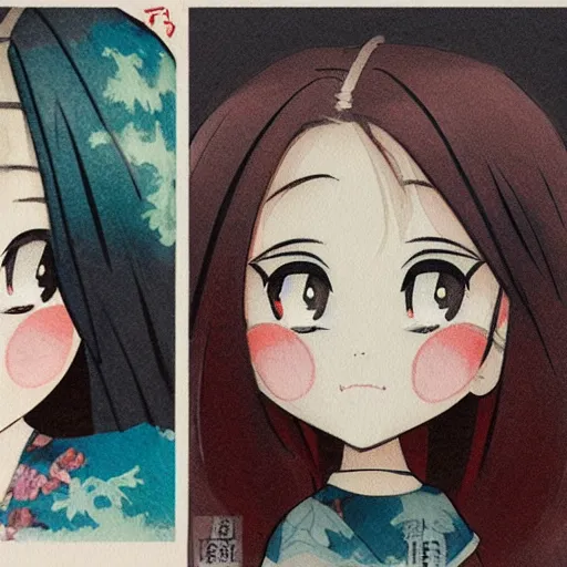 Prompt: beautiful water color concept art of face detailing cute nendoroid girl in the style of ukiyoe , toon rendering, close-up, no shade, modern art, smile, beautiful eye