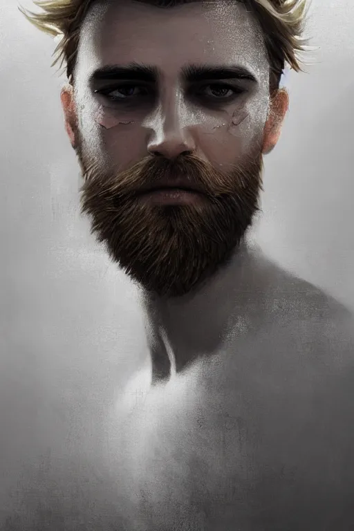 Image similar to blonde wild hair beard man, black eye - patch, close - up portrait, plain white tshirt, powerfull, intricate, elegant, volumetric lighting, scenery, digital painting, highly detailed, artstation, sharp focus, illustration, concept art, ruan jia, steve mccurry