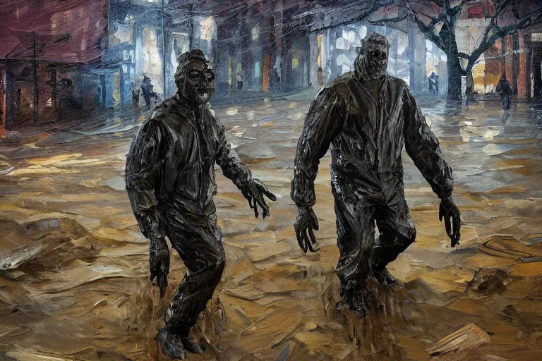 Prompt: palette knife oil painting of a mall security guard turning made of mud, turning into a monster of mud and sludge. the mall around him is also turning into mud, extreme detail, artstation trending, artgerm, deviant art, octane, substance, art history 8 k