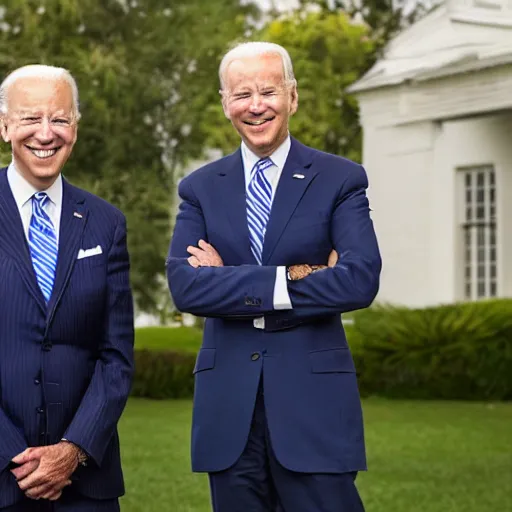 Image similar to A portrait photo of joe biden teams up with a teenage joe biden, perfect faces, 50 mm, award winning photography