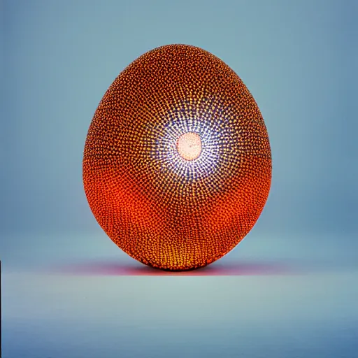 Image similar to annie liebowitz portrait of a plasma energy tron dinosaur egg in the shape of a random geometric shape, made up of glowing electric plates and patterns. cinestill