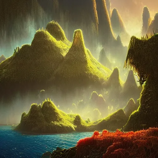 Image similar to A beautiful hyper realistic detailled matte painting of a microscoptic world of algae and microflora with ridges similar to mountains with billions of glowing micro trees emmiting a read and teal color by John Howe and Albert Bierstadt and Alena Aenami and dan mumford and dave noton, unreal engine, trending on behance
