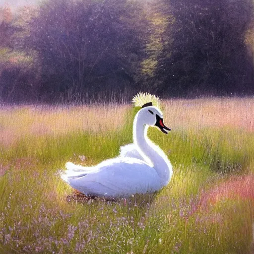 Prompt: nodding thistle, english sun dew swans neck woman, child - bed meadow