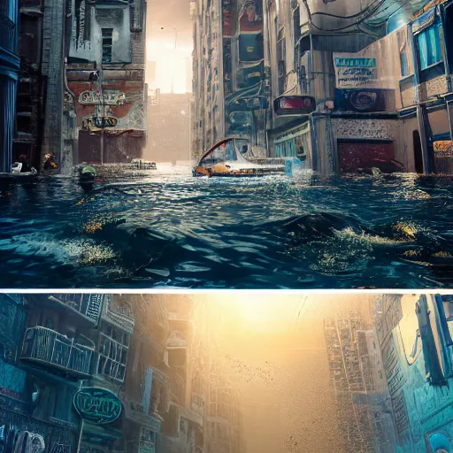 Prompt: A city street under water, below the surface, flood, atlantis, horror, liminal, hyper detailed, dramatic lighting, CGsociety, realistic, fish, hyper detailed, insane details, intricate, dramatic lighting, hypermaximalist, golden ratio, rule of thirds, octane render, weta digital, micro details, ultra wide angle, Artstation trending, 8k,