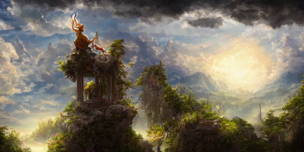 Prompt: painting of wind god enjoying the view from his ornate stone heavenly palace, decorated with windchimes and paper lanterns, nature and clouds in background, digital art, trending on artstation