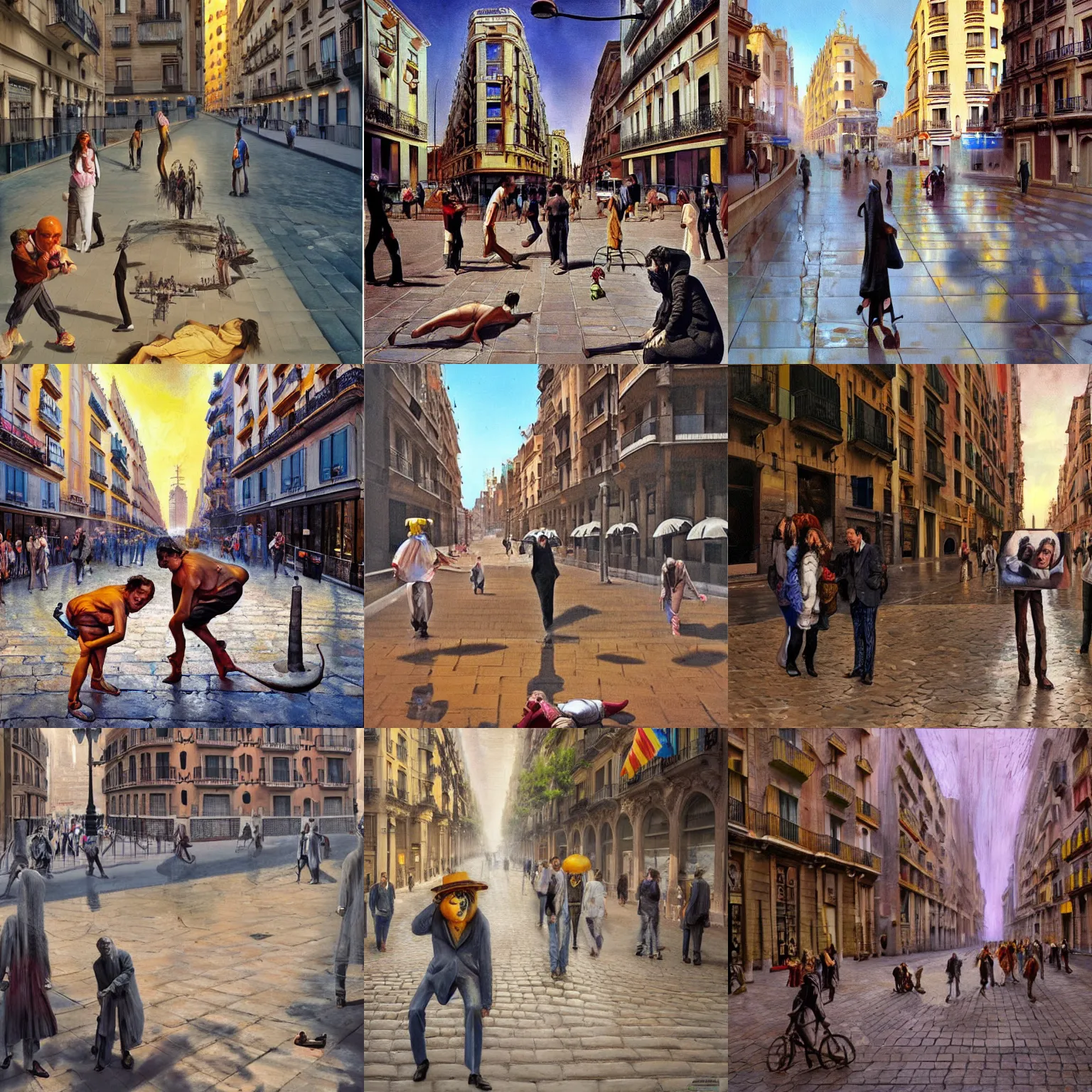 Prompt: melting people on the streets of barcelona, concept art, hyperrealistic, oil painting by dali, surrealism, 8 k