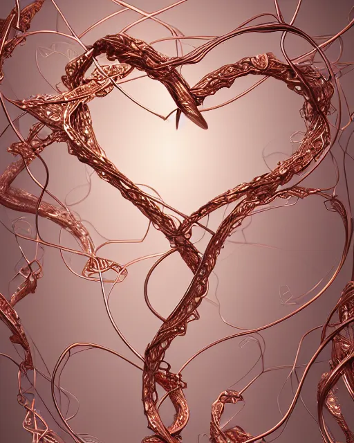 Image similar to rose gold heart, wrapped in vines, vray, machine face, intricate, elegant, highly detailed, digital painting, artstation, cgsociety, concept art, bokeh, macro, smooth, sharp focus, illustration, yoshitaka amano, art by camille corot and kim tschang yeul, 8 k