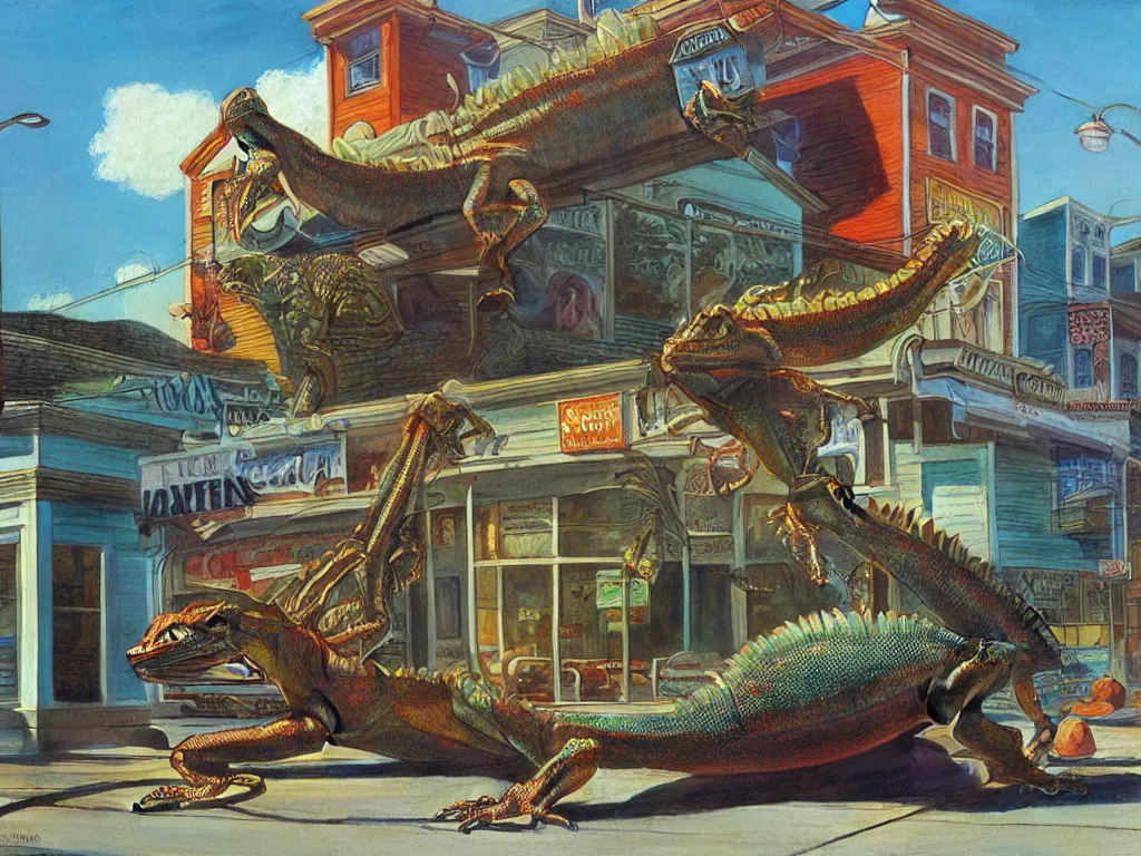 Image similar to Giant Water Dragon Iguana Bot on Main Street in a Small American Town, by Bob Eggleton and Edward Hopper and Alejandro Burdisio