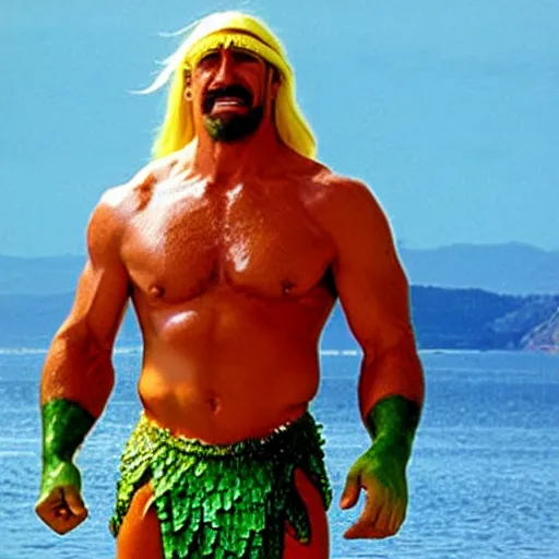 Prompt: hulk hogan as a beautiful mermaid movie photo