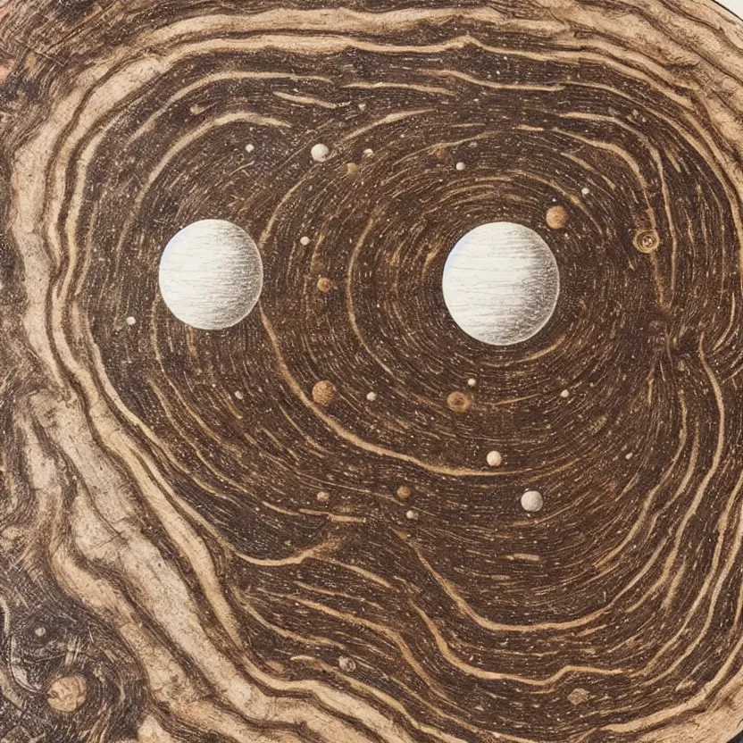 Prompt: wood engraving of a solar system burned into a slice of log, on a white background