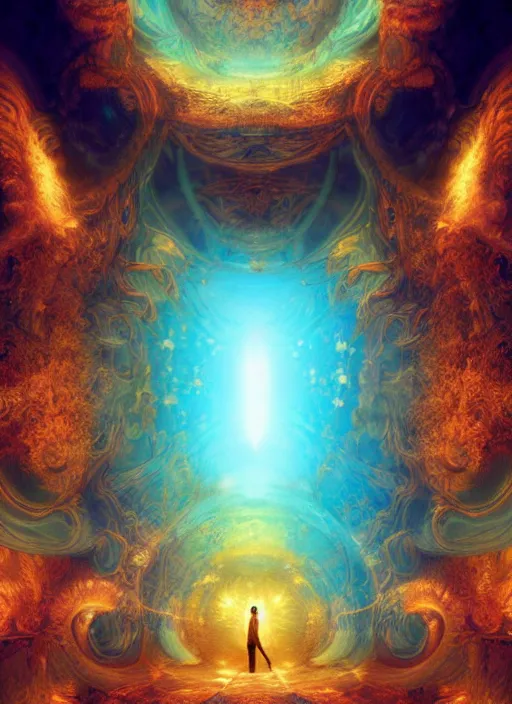 Image similar to flowers within the whole infinite capsule apparent with awe the apparition, an idea seep's into infinity highly detailed in volumetric latent space, golden turquoise steampunk, high contrast cinematic light, mystical shadows, sharp focus, divine realm of gods, octane render, artist by boris vallejo,