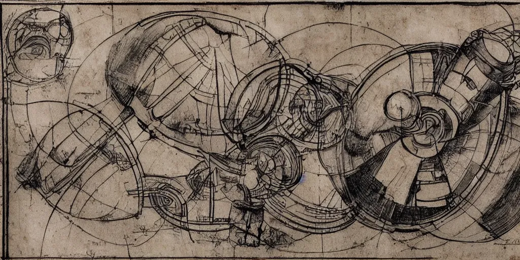 Image similar to a diagram describing the inner workings of an advanced alien propulsion system. by leonardo da vinci. trending on artstation.