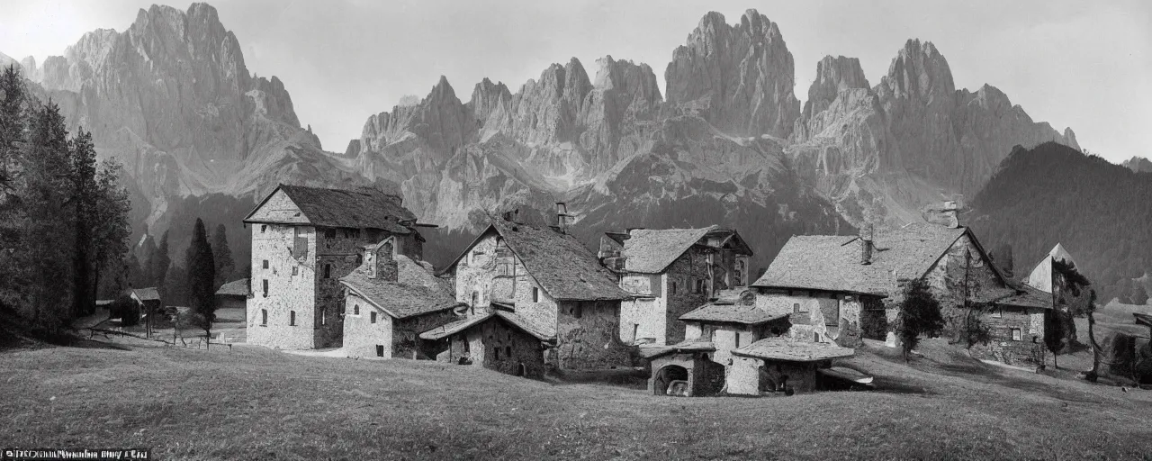 Prompt: 1920s photography of an isolated old village with ghostly wood buildings in the dolomites inhabitated by hay ghosts