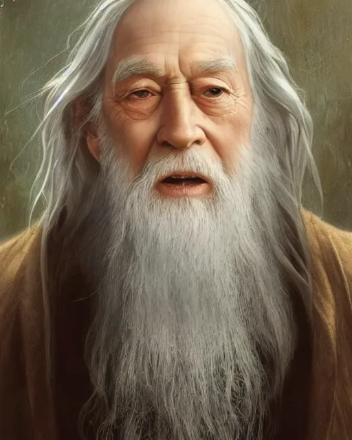 Image similar to portrait of 8 0 - year - old man, with blue eyes, very long silver hair, and very long silver beard, dumbledore, wearing in black cloak, hyper realistic face, beautiful eyes, fantasy art, in the style of greg rutkowski, intricate, alphonse mucha, hyper detailed, smooth