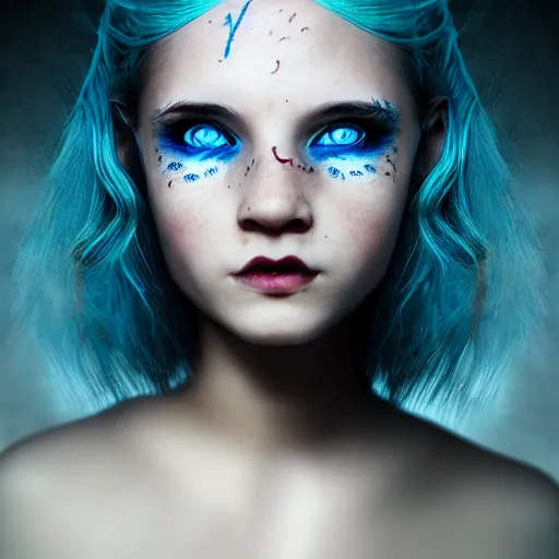 Image similar to The dragon girl portrait, portrait of young girl half dragon half human, dragon girl, dragon skin, dragon eyes, dragon crown, blue hair, long hair, highly detailed, cinematic lighting, Matte painting by David Lynch