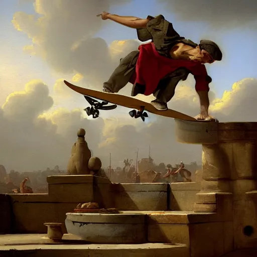 Prompt: skateboarder peasant tricks painting dynamic very very detailed by hubert robert balanced cinematic