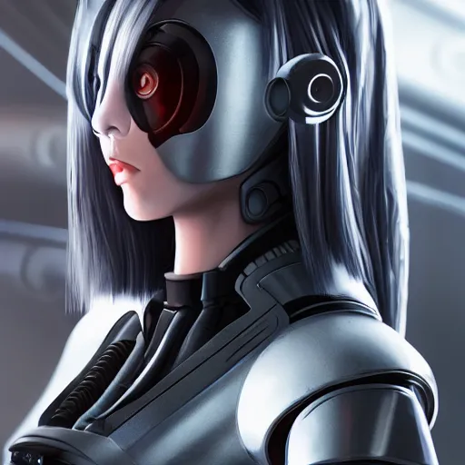 Prompt: girl android with a human face, two eyes, a neat nose, lips, full-length, dressed in tactical armor, right arm prosthetic chrome, cyberpunk style hyperrealistic octane render anime