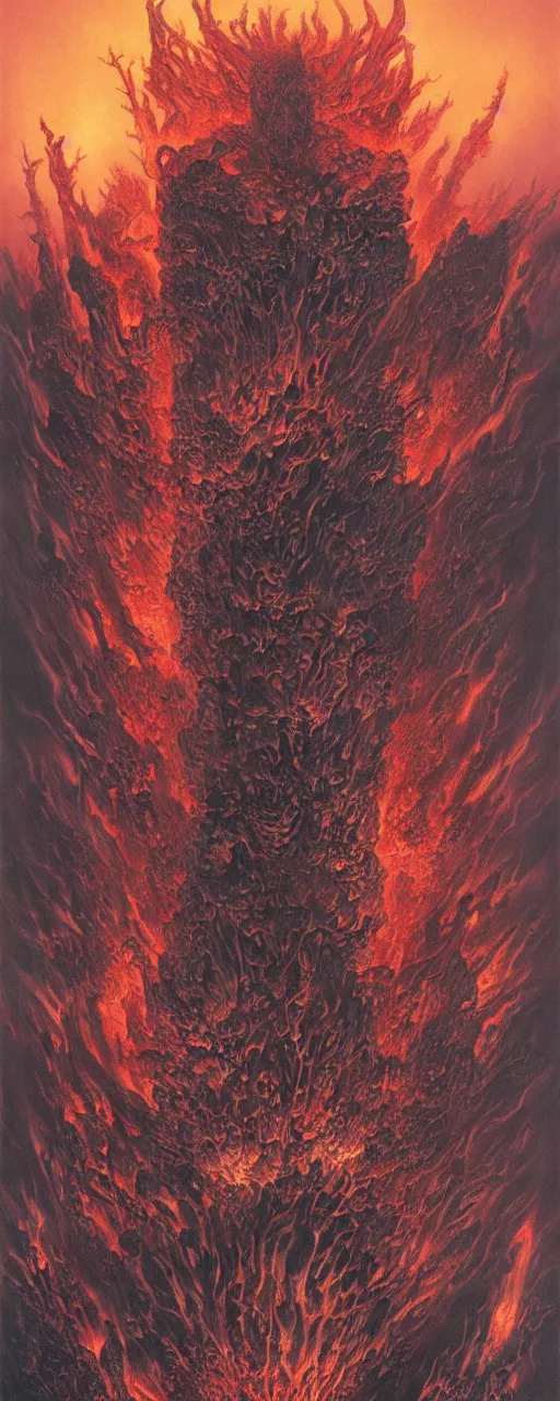 Prompt: a muscular demon rising up out of the fire in the many levels of hell surrounded by dead souls on fire, sense of awe, surreal hellscape by Wayne Barlowe, Pascal Blanche