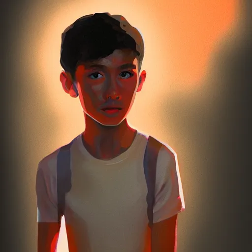 Image similar to a skinny kid with a big head, digital painting, beautiful lighting