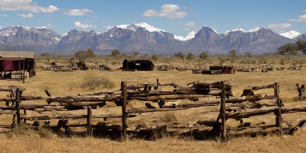 Image similar to a wild west scenery, camps in the background