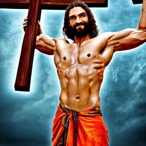 Prompt: bodybuilder jesus christ carrying the cross, high detail, rtx hdr style lube reflection, studio photo,