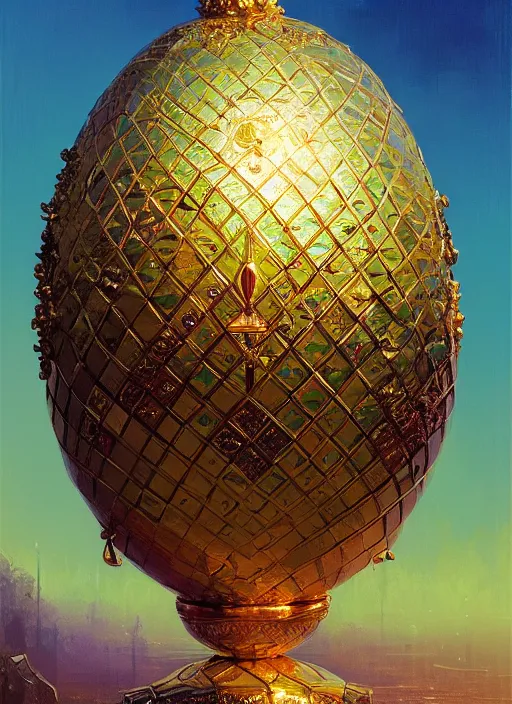 Image similar to faberge egg and andel shine, hyperrealism, no blur, 4 k resolution, ultra detailed, style of alexander trufanov, ismail inceoglu, tyler edlin, syd mead, carlos schwabe