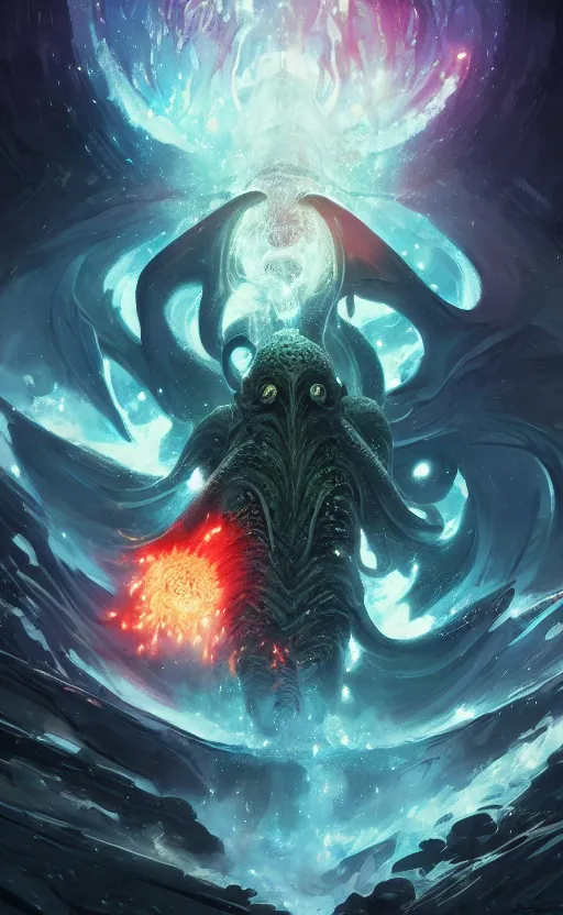 Prompt: a beautiful artwork illustration, cthulhu in a galactic explosion, high contrast, high saturation, by Greg Rutkowski and Jesper Ejsing and Raymond Swanland, featured on artstation, wide angle, vertical orientation