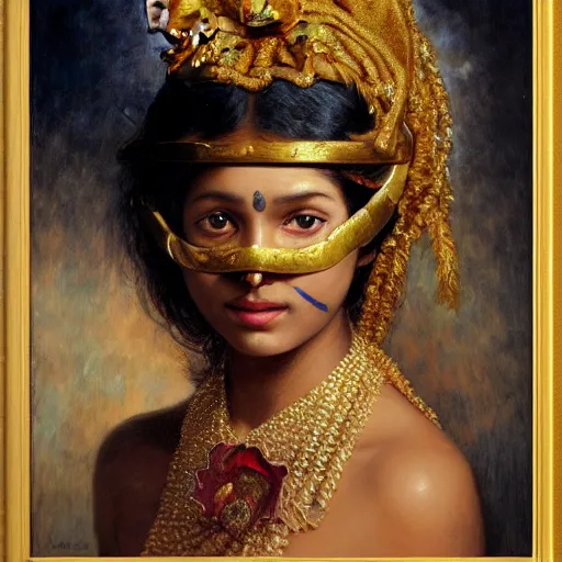 Image similar to detailed potrait 8 0 s srilankan girl with cat woman mask in baroque painting, girl graceful,, painting by gaston bussiere, craig mullins, j. c. leyendecker, lights, art by ernst haeckel, john william godward, hammershøi,,