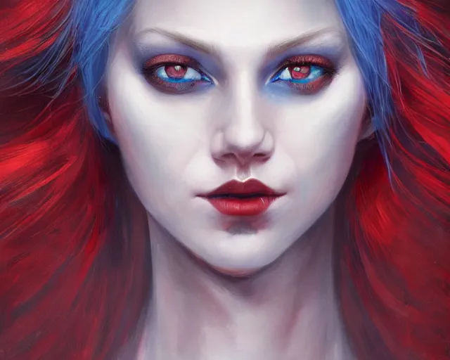 Image similar to A detailed matte oil on canvas head on symmetrical portrait of a distinguished elven woman with red and blue hair on an empty background, by Charlie bowater, Lise Deharme, Wlop, trending on artstationhd, dungeons and dragons art, parted hair , half blue, half red , split dye, critical role