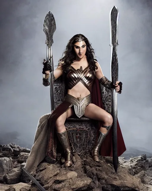 Image similar to gal gadot as queen conan, directed by john millius, photorealistic, sitting on a metal throne, wearing ancient cimmerian armor, a battle axe to her side, cinematic photoshoot in the style of annie leibovitz, studio lighting