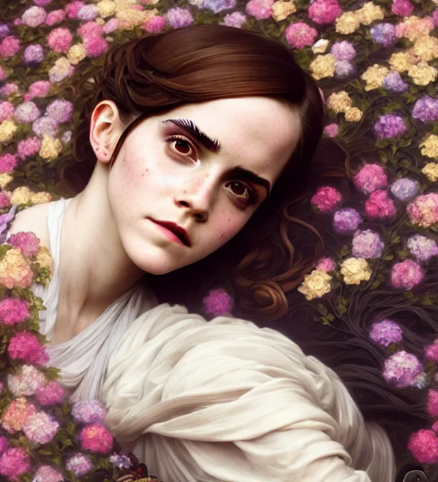 Prompt: emma watson baroque portrait of one steampunk bohemian geisha woman of porceline skin lying down in a river made of thousand of flowers, cinematic lighting, photorealistic, octane render, 8 k, depth of field, art by artgerm and greg rutkowski and alphonse mucha and uang guangjian