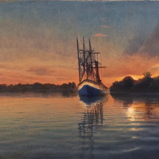 Image similar to 1 9 th century river boat in the deep south, evening sun, intense lighting, hyper realistic, gouache