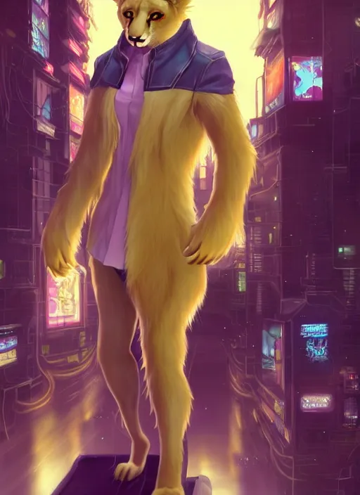 Image similar to award winning beautiful portrait commission of a male furry anthro albino mountain lion fursona with a tail and a cute beautiful attractive detailed furry face wearing stylish cyberpunk clothes in a cyberpunk city at night while it rains. Yellow and Purple. Character design by charlie bowater, ross tran, artgerm, and makoto shinkai, detailed, inked, western comic book art