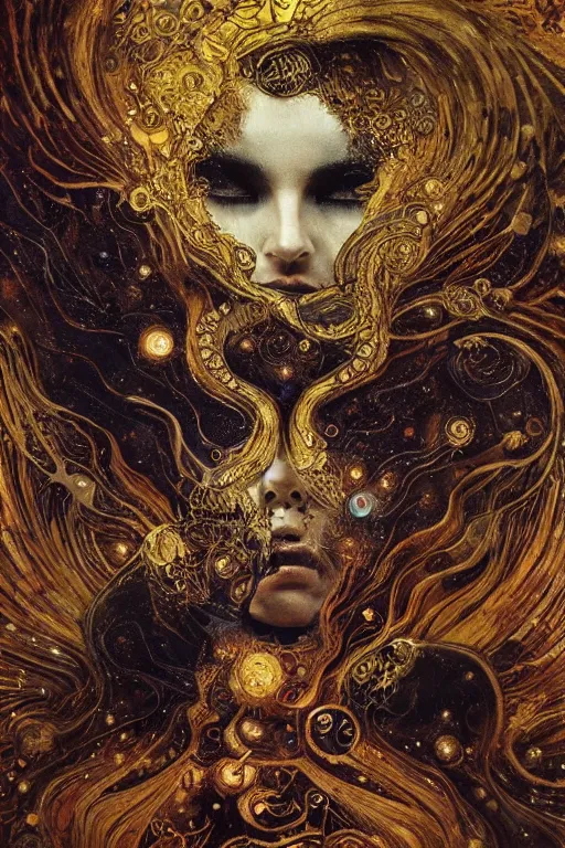 Prompt: Intermittent Chance of Chaos Muse by Karol Bak, Jean Deville, Gustav Klimt, and Vincent Van Gogh, beautiful surreal portrait, enigma, destiny, fate, inspiration, muse, otherworldly, fractal structures, arcane, ornate gilded medieval icon, third eye, spirals