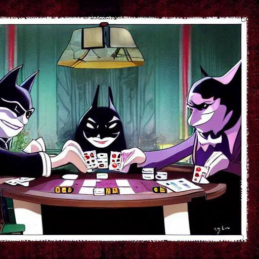 Image similar to joker playing poker with batman, studio ghibli, trending on artstation, high detalied,