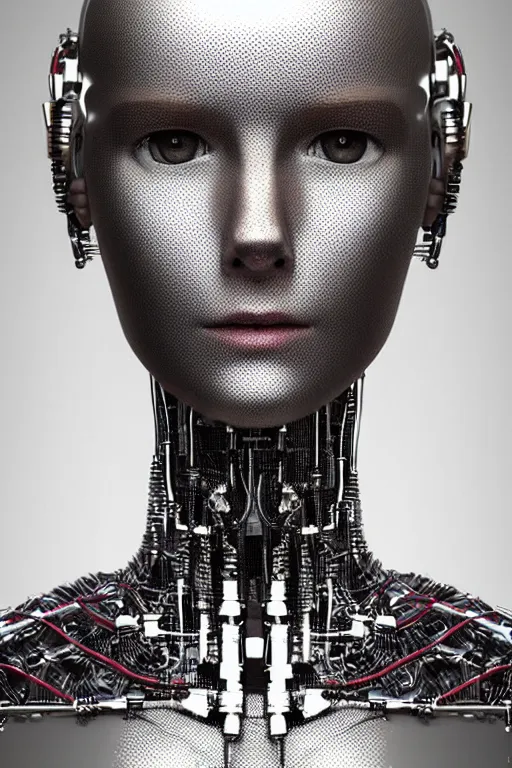 Image similar to robot with human face, female head, full body angle, woman human face, human face realistic, beautiful blonde hair, human head, human head with blonde hair, blonde hair human head, blonde hair, human realistic face, human head skin, cyborg frame concept, cyborg by ales-kotnik, sci-fi android female, the body is made of wires, robotic body, cyborg body, cyborg bust body, robot body cyborg, full body