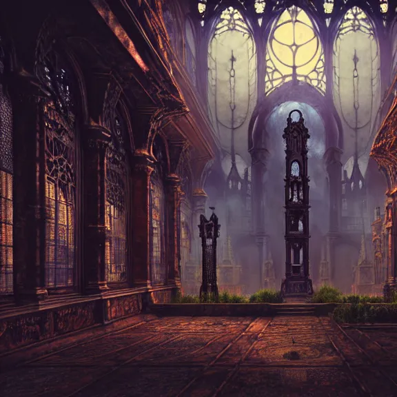 Image similar to steam necropolis, memento mori, gothic, neo - gothic, art nouveau, hyperdetailed copper patina medieval icon, stefan morrell, philippe druillet, ralph mcquarrie, concept art, steampunk, unreal engine, detailed intricate environment, octane render, moody atmospherics, volumetric lighting, ultrasharp, ominous, otherworldly