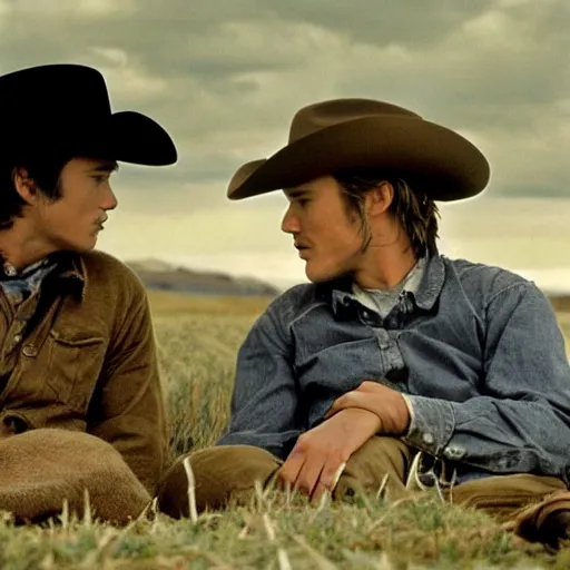 Image similar to a romantic scene from brokeback mountain starring josh hartnett as ennis del mar and heath ledger as jack twist