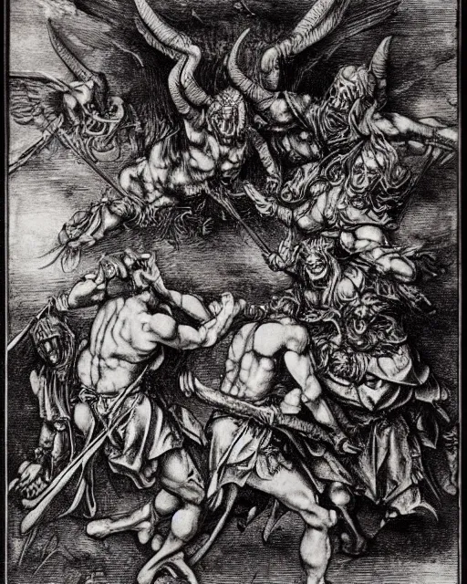 Image similar to devil fighting angels, epic composition, fine details, extremely detailed, black and white, very sharp, in the style of albrecht durer