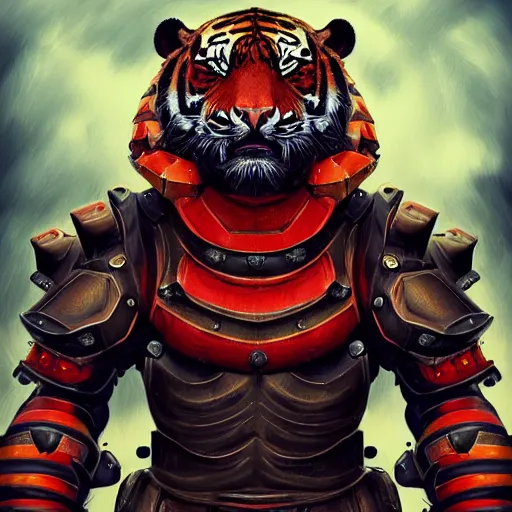 Prompt: a tiger wearing ultra heavy combat armour with red and black color hyperdetailed photorealistic digotal art aesthetic cool character design by charles bowater artger highly detailed detailed face 8k cinematic deviantar artstation