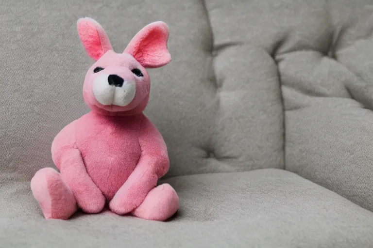 Prompt: a high quality 3 5 mm photo of a pink chubby stuffed animal kangaroo wearing a dark blue shirt, sitting on a couch, an ultrafine detailed photo, trending on artstation, sharp focus, baby toy