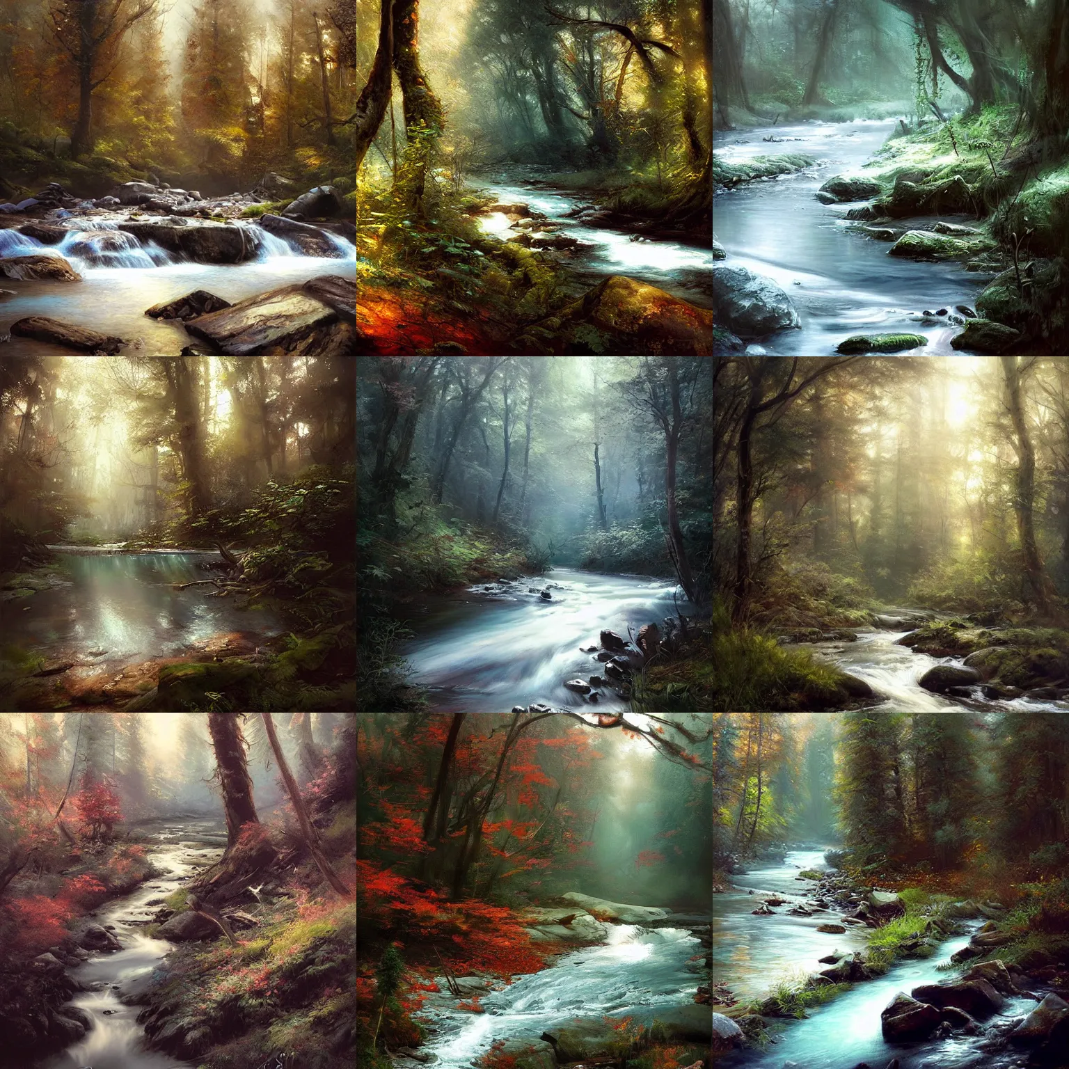 beautiful river flowing down the forest, by raymond | Stable Diffusion ...