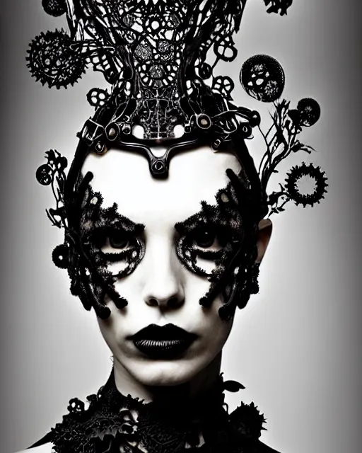 Image similar to surreal dark poetic black and white photo portrait of complex bio-mechanical beautiful young female vegetal-cyborg with a Mandelbrot fractal steampunk metal fine lace face, a very long neck and a fine metal floral foliage super big lace collar by Alexander McQueen:: smoke, high fashion, haute couture, rococo, steampunk, silver filigree details, anatomical, facial muscles, cable wires, microchip, elegant, dreamy, foggy atmosphere, hyper realistic, 150 mm lens, soft rim light, octane render, unreal engine, picture was taken in 1910 by Man Ray, volumetric lighting, dramatic light,8k,