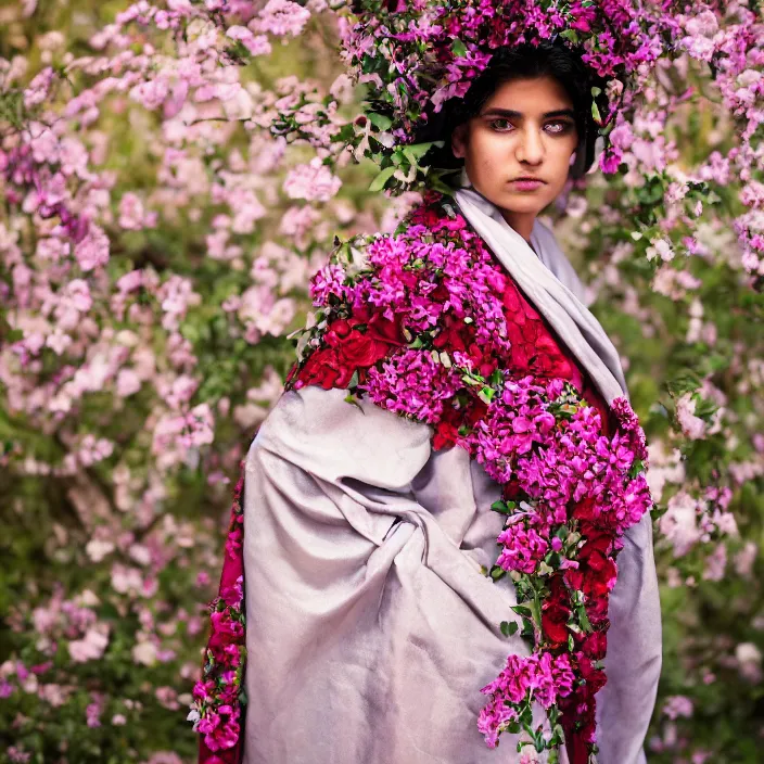 Prompt: an aqrabuamelu wearing a cloak made of flowers, by Omar Z. Robles, CANON Eos C300, ƒ1.8, 35mm, 8K, medium-format print