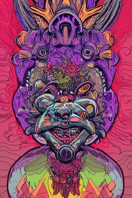 Image similar to animal mask totem roots flower tribal feather gemstone plant wood rock shaman vodoo video game vector cutout illustration vivid multicolor borderlands comics by josan gonzales and dan mumford radiating a glowing aura