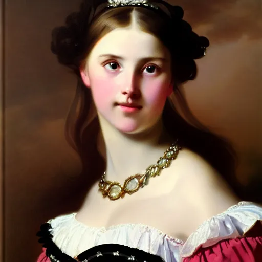 Image similar to portrait of a german teenage princess, circa 1 8 5 0 by franz xaver winterhalter, highly detailed, beautiful, oil on canvas, 1 8 5 0 s, romanticism